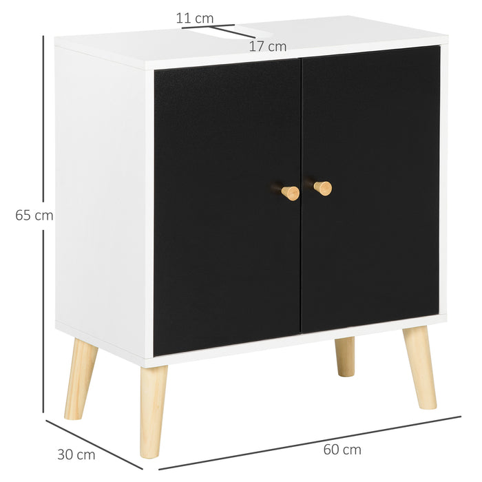 Under-Sink Cabinet with Adjustable Shelf - Modern Bathroom Storage Solution with Solid Wood Legs - Sleek Black and White Design for Home Organization