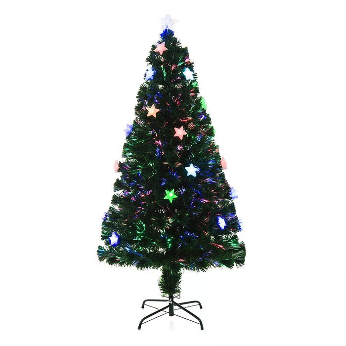 Green Fibre Optic 5ft Artificial Christmas Tree with Stars - 150cm Festive Decoration with Glowing Fibers - Ideal Holiday Centerpiece for Home & Office