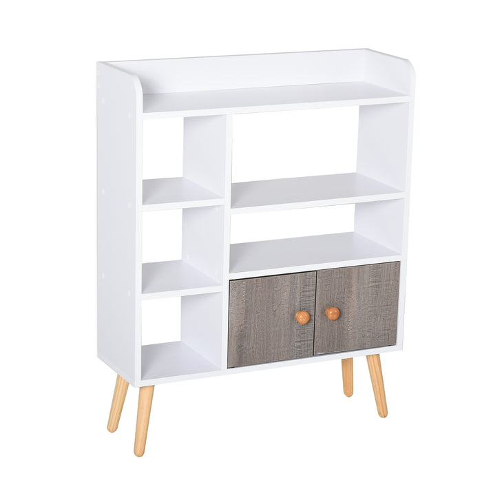 Modern Freestanding Bookcase with 6-Tier Shelves and Cabinet - Chic White Display Storage with Wooden Legs - Ideal for Home Office and Decor Organization