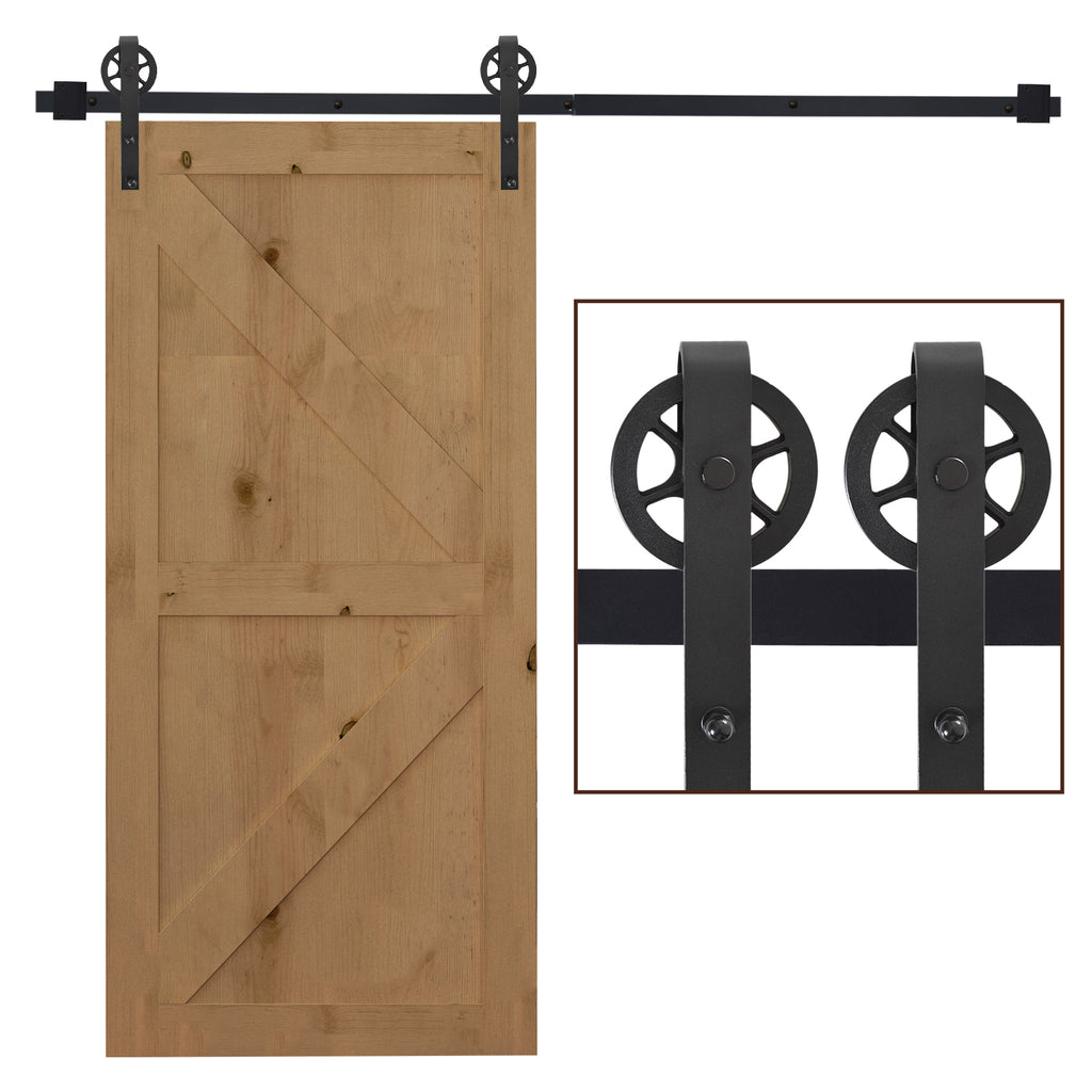 Industrial Wheel Style Roller - 6.6 FT Carbon Steel Sliding Barn Door Hardware Kit for Single Wooden Door - Space-Saving Closet Track System