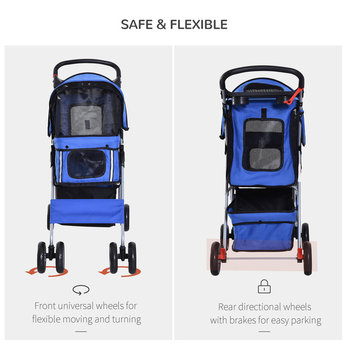 Foldable Dog and Cat Stroller with Zipper Entry - Portable Pet Carriage for Small Miniature Animals, Smooth Wheels, Storage Basket - Ideal for Travel and Outdoor Use with Convenient Cup Holder