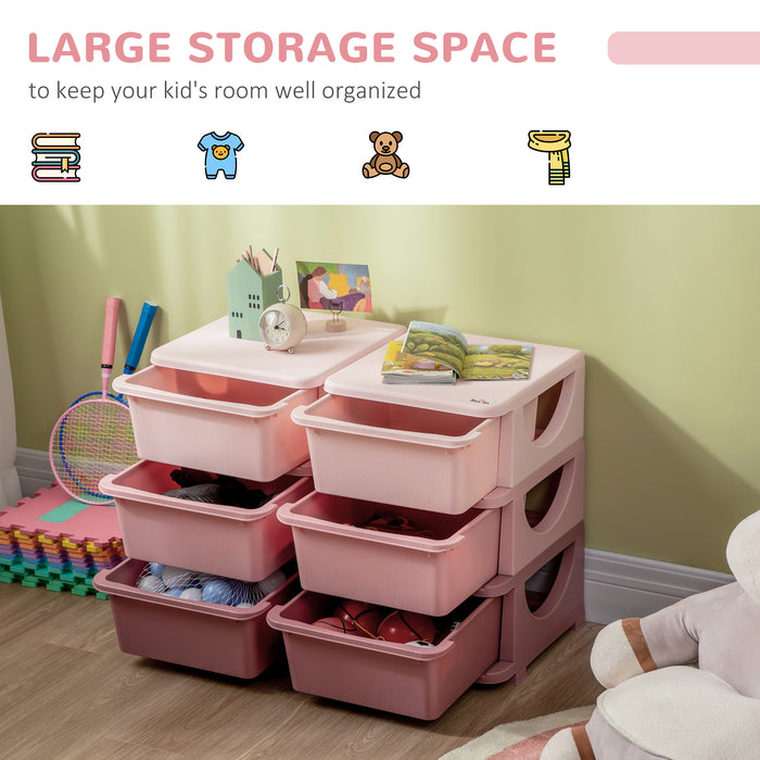 Kids Storage Organizer with 6 Drawers - 3-Tier Vertical Dresser Tower for Toys and Clothes - Space-Saving Storage Solution for Nursery, Playroom, and Kindergarten, Pink