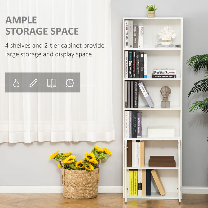 Modern White 2-Door Tall Bookcase with 4 Shelves - Contemporary Storage Cupboard and Display Unit for Living Room, Study, and Bedroom - Ideal Organizational Furniture for Home or Office
