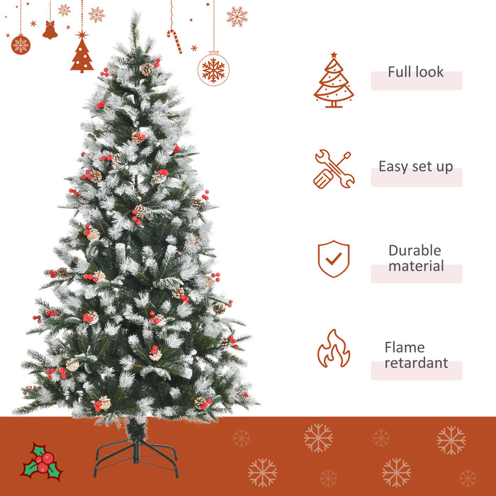 6ft Artificial Snow-Dipped Pencil Christmas Tree - Xmas Holiday Decor with Red Berries & White Pinecones, Foldable Base - Ideal for Home & Party Festivities