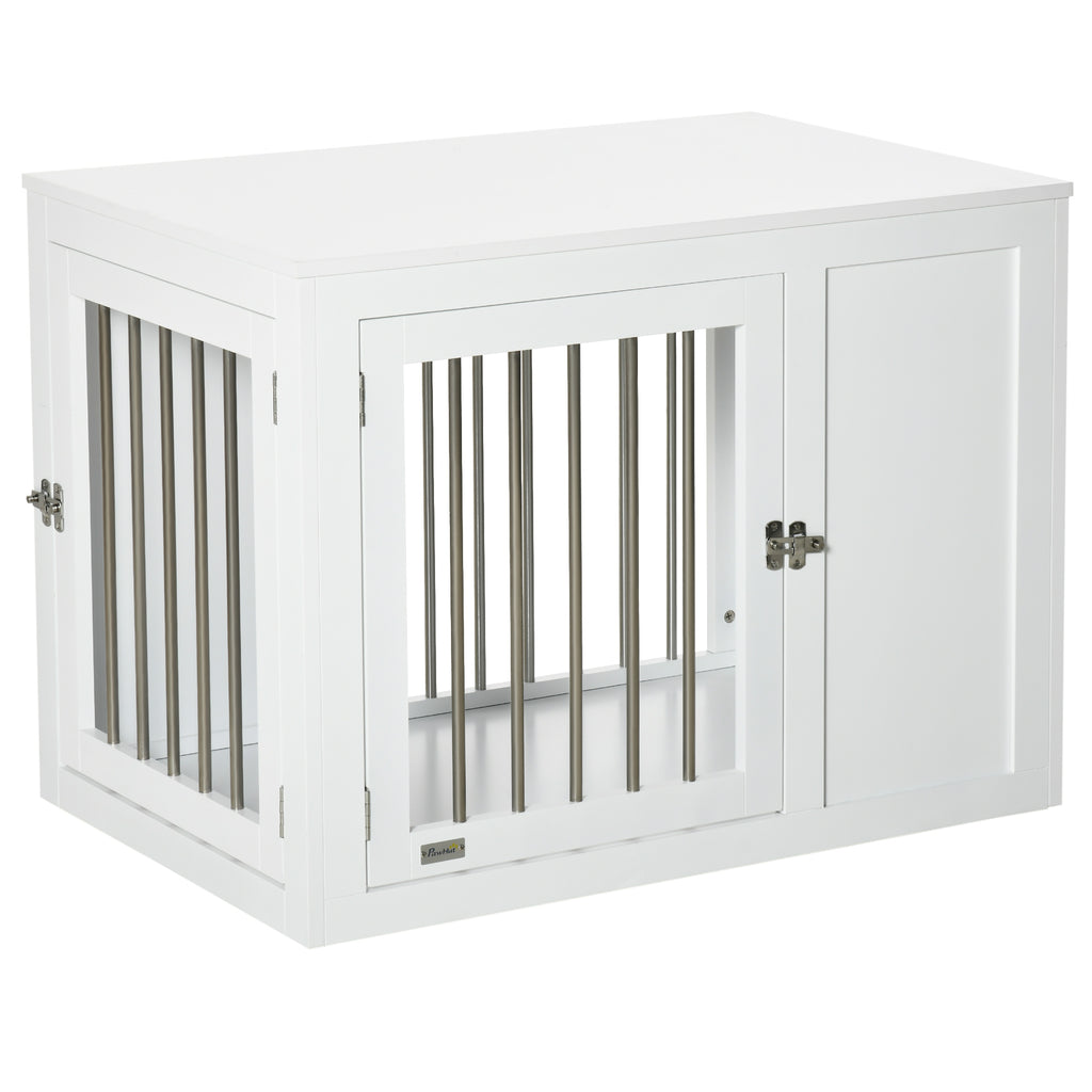End Table Dog Crate with Style - Dual-Door Lockable Indoor Kennel for Medium Dogs - Decorative Puppy Home Furniture in White