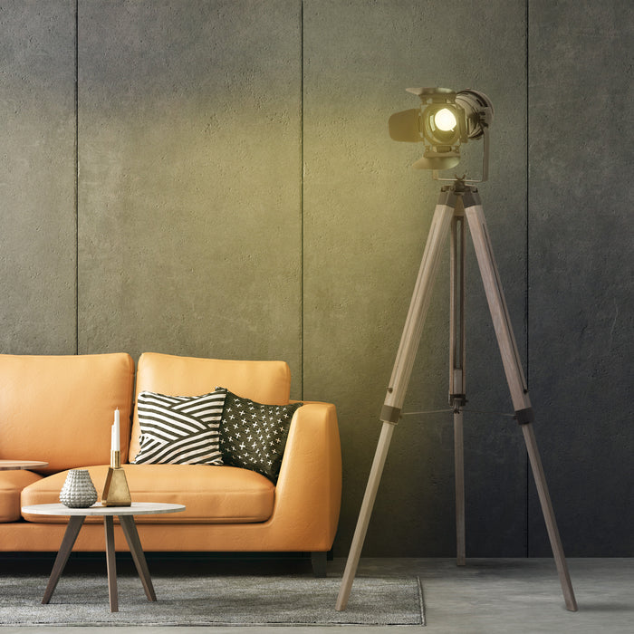 HOMCOM Industrial Tripod Floor Lamp - Vintage Spotlight Design, E27 Base with Sturdy Wood Metal Legs - Ideal for Living Room and Bedroom Reading Area