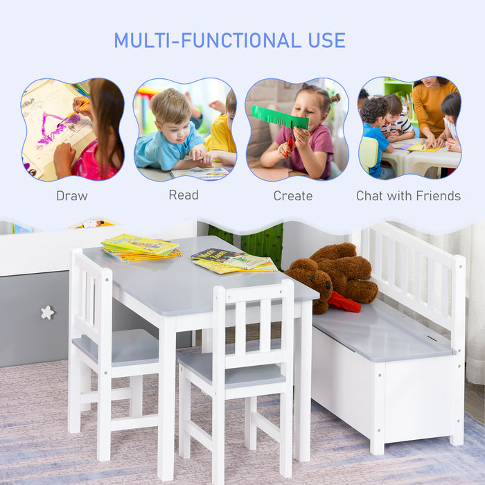 Kids Playroom Furniture Set - 4-Piece Table with 2 Chairs & Storage Bench, Modern Grey/White Design - Ideal for Children’s Activities & Organizing Toys