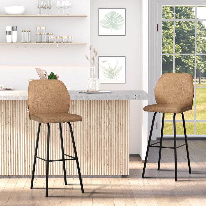 Linen-Touch Upholstered Bar Chairs Set of 2 - Kitchen Bar Stools with Backs and Sturdy Steel Legs in Light Brown - Ideal for Home Bar and Kitchen Island Seating