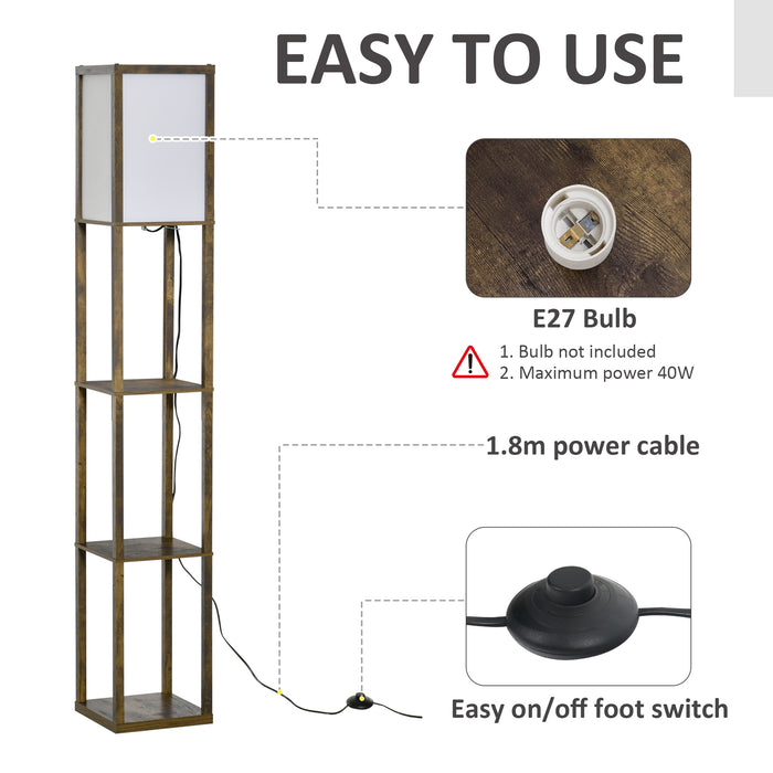 4-Tier Storage Shelf Floor Lamp - Rustic Brown Standing Light with Reading Lamp - Ideal for Living Room, Bedroom, Office Illumination & Organization