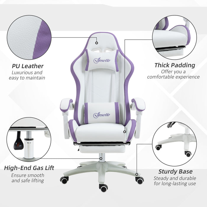 Ergonomic Racing-Style Gamer Chair - PU Leather Reclining Seat with 360 Swivel, Footrest, Detachable Headrest & Lumbar Support - Ultimate Comfort for Gaming & Office Work, Vibrant Purple