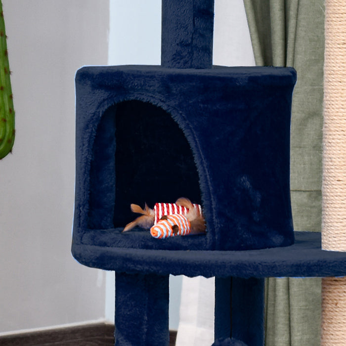 3-Tier Cat Scratching Post with Sisal Rope and Dangling Toy - Sturdy Blue Kitten Activity Tower - Ideal for Feline Scratching, Climbing, and Playing