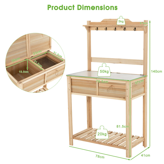 Wooden Garden Potting Table - Flip-Open Galvanized Tabletop Feature - Perfect Solution for Gardening Enthusiasts
