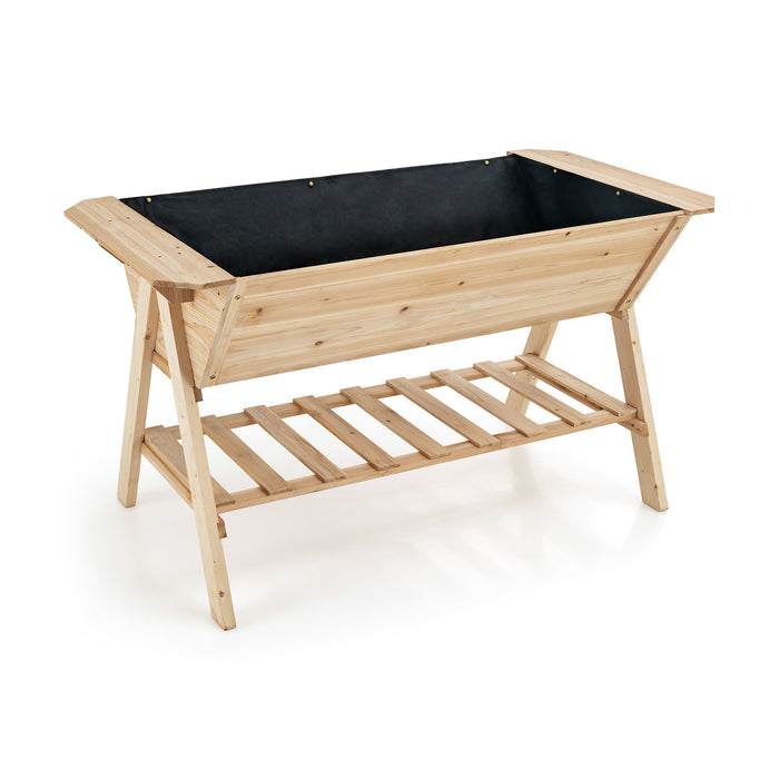 Fir Wood 2-Tier Raised Garden Bed - With Storage Shelf and Liner - Ideal for Space-Saving Urban Gardening and Organization