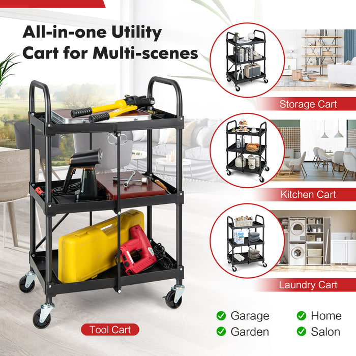 3 Tier Foldable Tool Trolley - Lockable Wheels and Tool Grooves Features - Versatile Solution for Professionals and DIY Enthusiasts