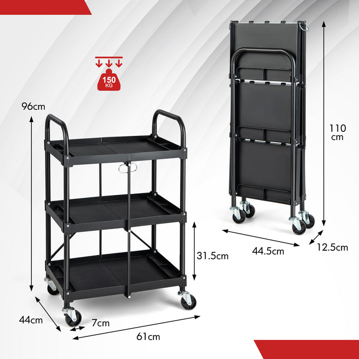 3 Tier Foldable Tool Trolley - Lockable Wheels and Tool Grooves Features - Versatile Solution for Professionals and DIY Enthusiasts