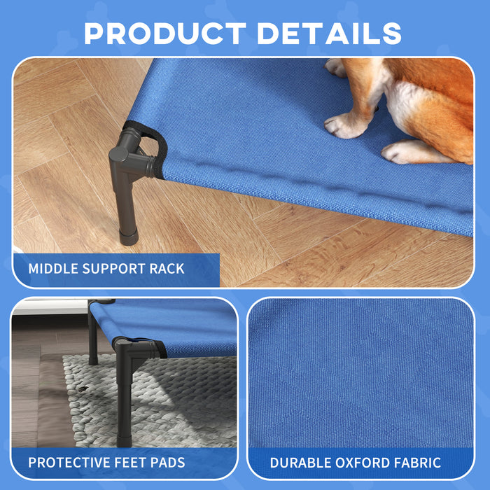 Elevated Portable Pet Cot - Medium-Sized Raised Dog Bed with Sturdy Metal Frame, Blue - Ideal for Camping and Outdoor Comfort