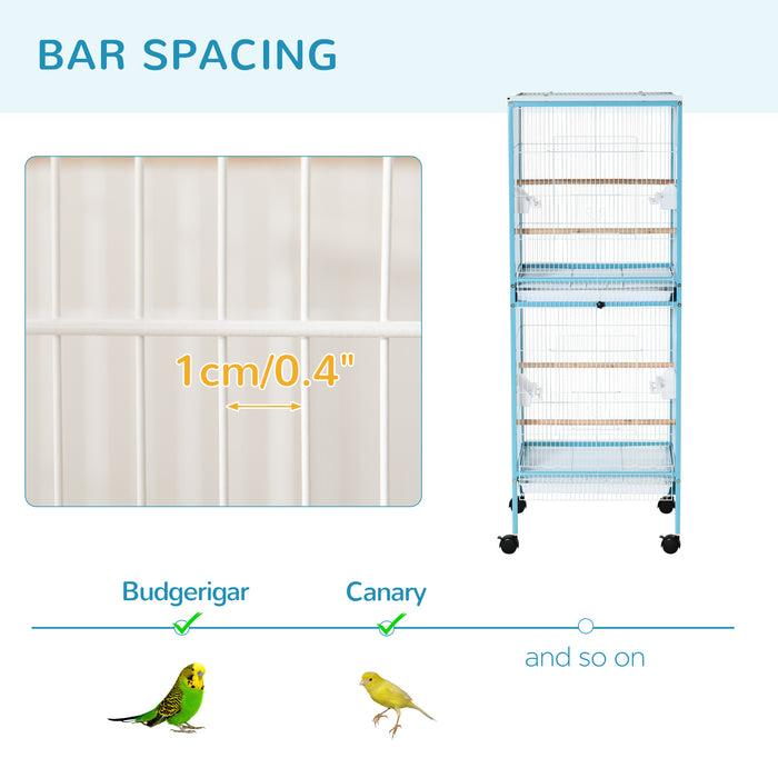 Large 2-in-1 Aviary Bird Cage with Wheels - Ideal for Finches, Canaries, Budgies - Includes Slide-out Trays, Wood Perch, and Food Containers