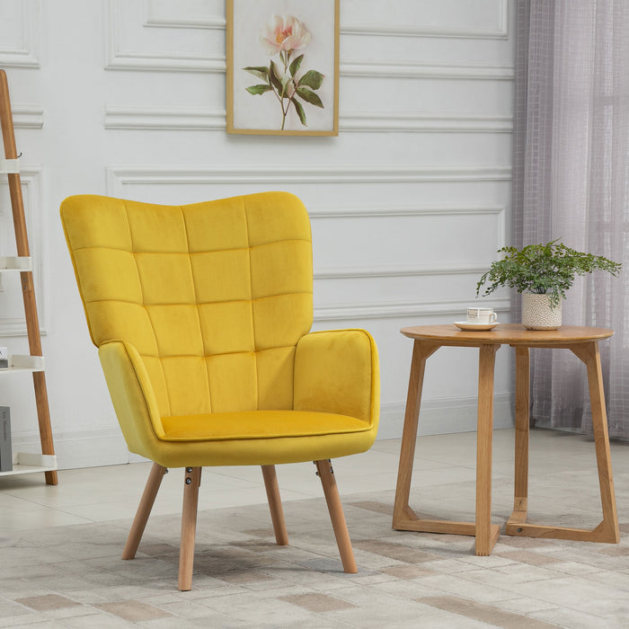 Velvet-Touch Tufted Wingback Armchair - Modern Upholstered Accent Chair with Wooden Legs in Vibrant Yellow - Stylish Lounge & Club Seating for Contemporary Homes