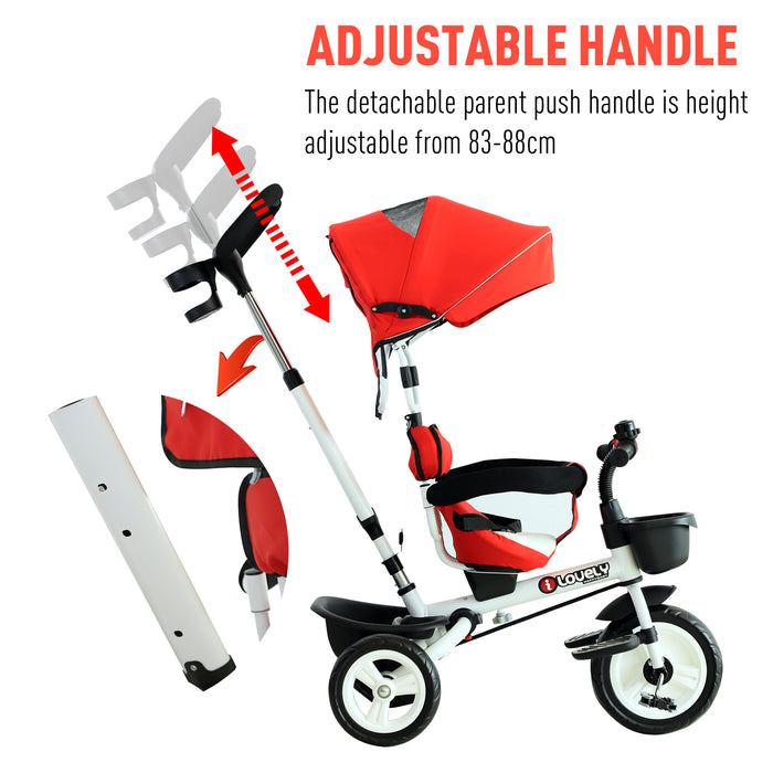 4-in-1 Convertible Child's Tricycle with Stroller Capabilities and Sun Canopy - Red - Perfect for Outdoor Family Adventures and Growing Toddlers