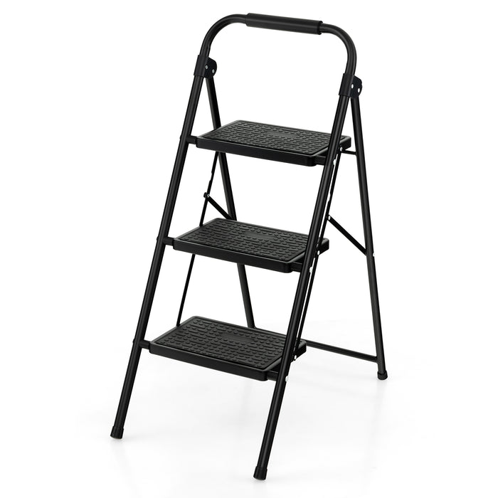 Portable 3-Step Ladder - Folding Design with Anti-Slip Pedal and Handle Features, Black - Ideal for On-The-Go Accessibility Needs