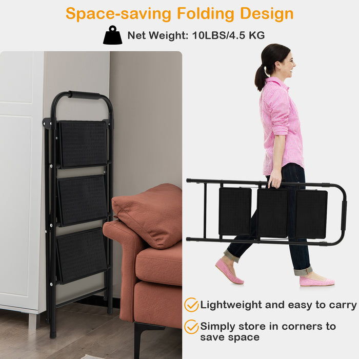 Portable 3-Step Ladder - Folding Design with Anti-Slip Pedal and Handle Features, Black - Ideal for On-The-Go Accessibility Needs