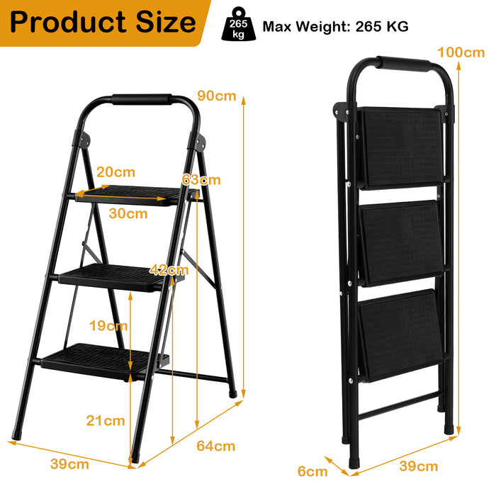 Portable 3-Step Ladder - Folding Design with Anti-Slip Pedal and Handle Features, Black - Ideal for On-The-Go Accessibility Needs