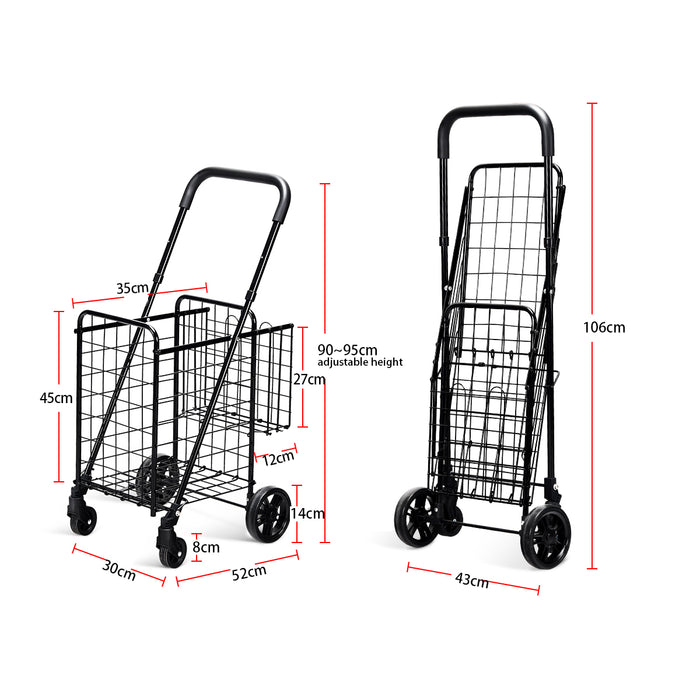 Adjustable Height Shopping Trolley, Black - Foldable Design with Handle and Wheels - Ideal for Trouble-free Shopping Experiences