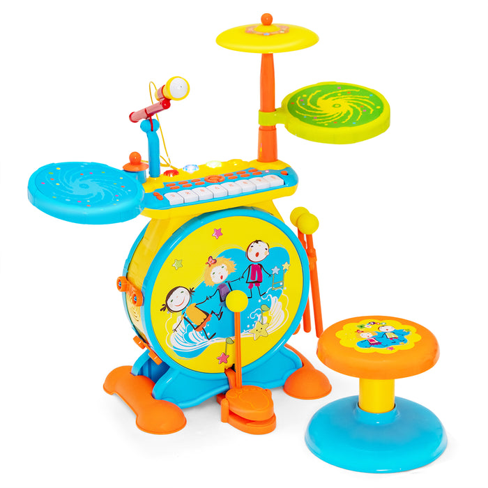 3-in-1 Kids Drum Set - 8 Keys Keyboard and LED Lights in Vivid Blue - Ideal Musical Toy for Budding Musicians