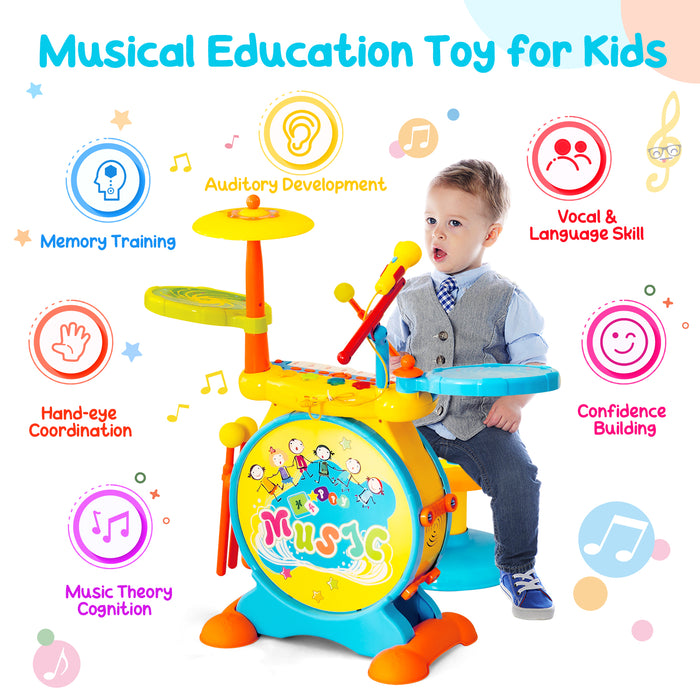 3-in-1 Kids Drum Set - 8 Keys Keyboard and LED Lights in Vivid Blue - Ideal Musical Toy for Budding Musicians