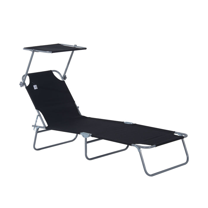 Folding Sun Lounger with Canopy - Reclining Chair for Beach & Garden, Adjustable Patio Recliner - Ideal for Outdoor Relaxation and Sun Protection (Black)