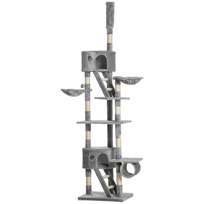 Floor-to-Ceiling Adjustable Cat Tree - 240-260cm Tall Climbing Tower for Felines in Light Grey - Ideal for Indoor Cats' Play and Exercise