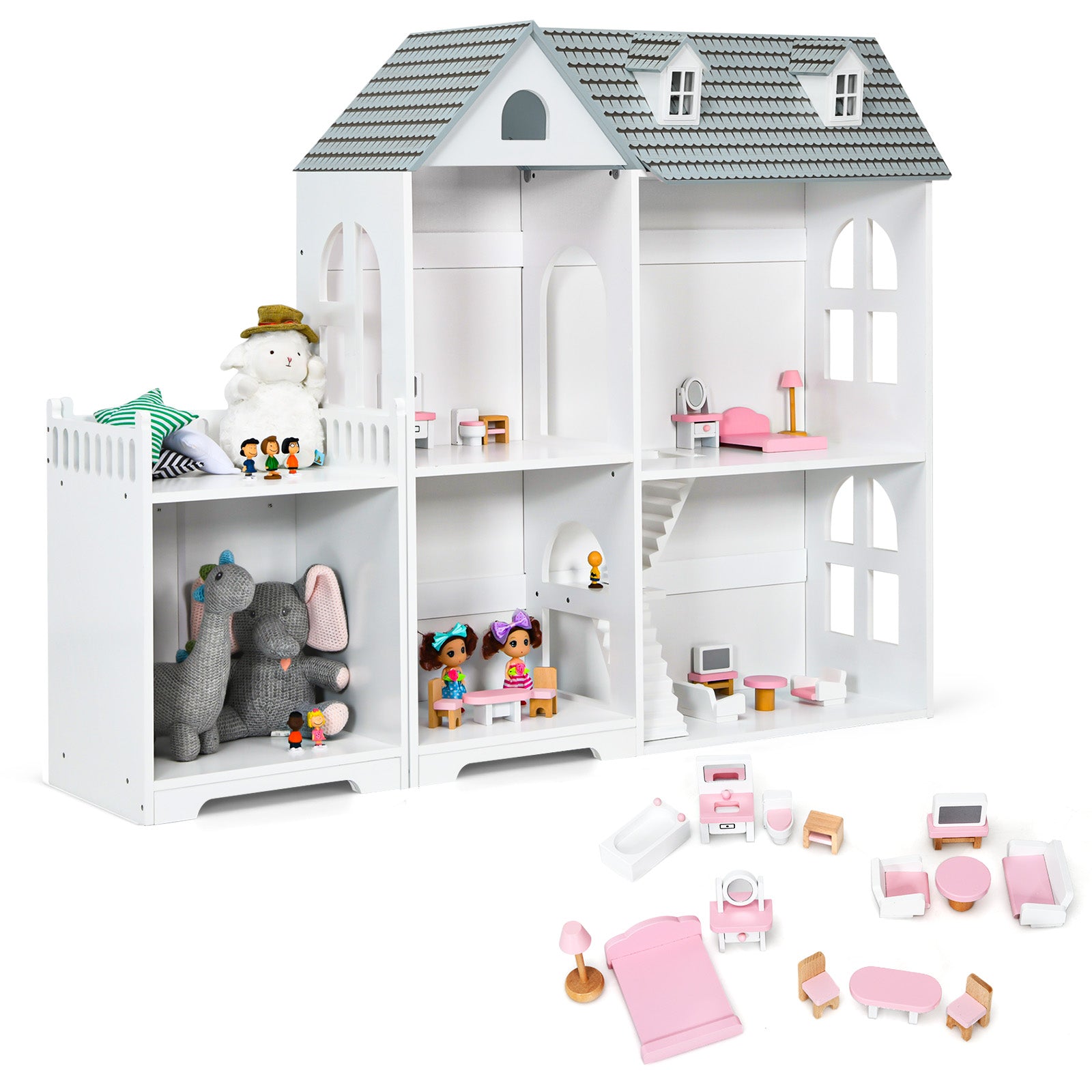 Large Grey Wooden Dollhouse - With Furniture and Accessories - Perfect for Creative and Imaginative Play for Children