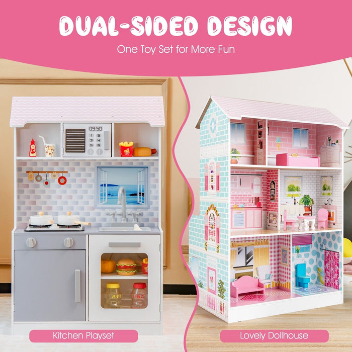 Toy Kitchen and Dollhouse 2-in-1 - Ideal Playset for Children Aged 3+ - Interactive Personal Development Toy