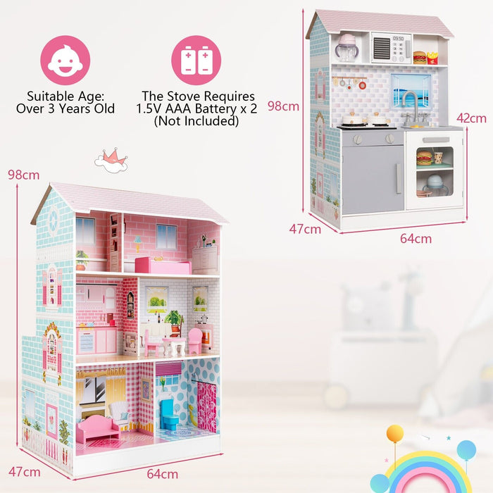 Toy Kitchen and Dollhouse 2-in-1 - Ideal Playset for Children Aged 3+ - Interactive Personal Development Toy