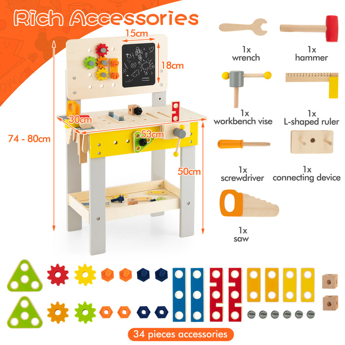 Kids Playtime Workshop - Wooden Workbench with Blackboard, Saw, Hammer and Screwdriver - Interactive Learning Toy for Future Builders