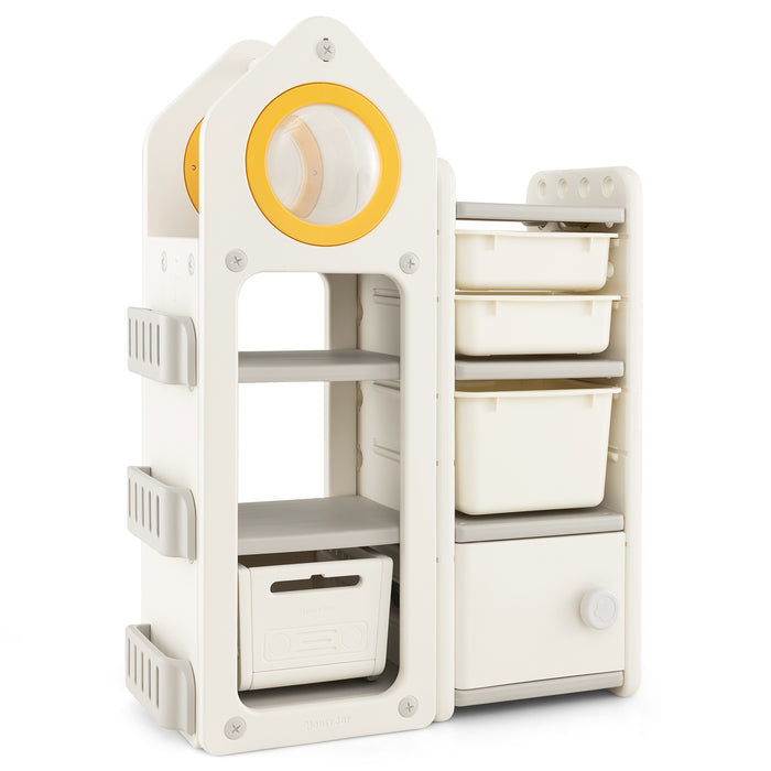 Toy Storage Trolley - Kids Organizer with Unique Roof Design, Mobile Feature, Beige Color - Ideal for Tidy Playrooms and Easy Toy Transportation