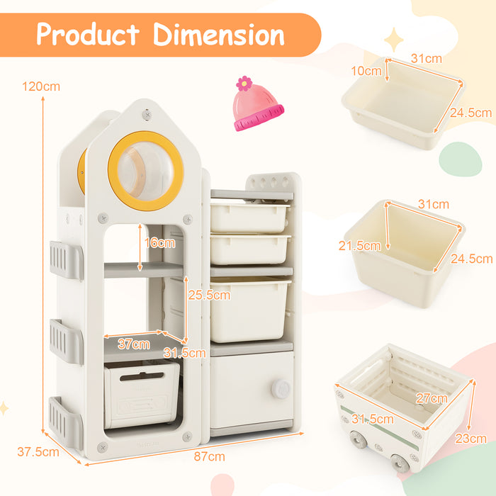 Toy Storage Trolley - Kids Organizer with Unique Roof Design, Mobile Feature, Beige Color - Ideal for Tidy Playrooms and Easy Toy Transportation