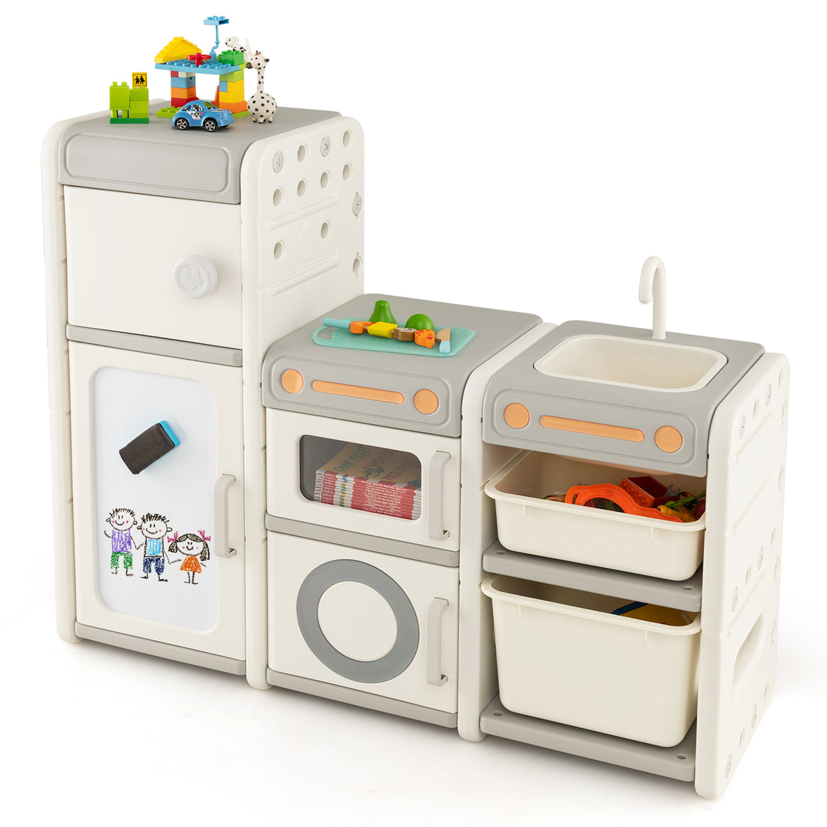 Kids Toy Storage Organizer Model B111 - Magnetic Whiteboard, Removable Sink & Faucet Features in Beige - Perfect Solution for Neat and Organized Playroom