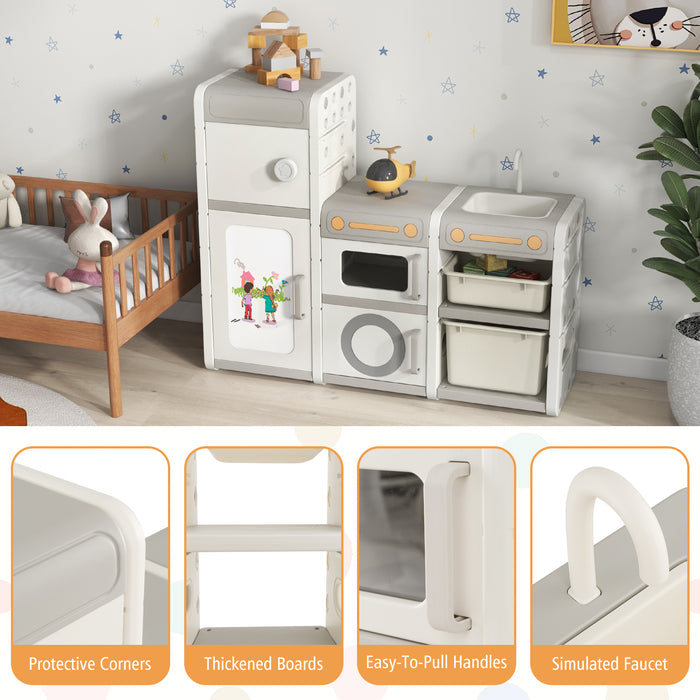 Kids Toy Storage Organizer Model B111 - Magnetic Whiteboard, Removable Sink & Faucet Features in Beige - Perfect Solution for Neat and Organized Playroom