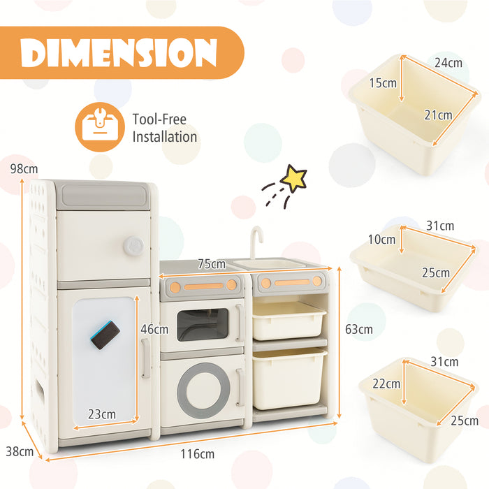 Kids Toy Storage Organizer Model B111 - Magnetic Whiteboard, Removable Sink & Faucet Features in Beige - Perfect Solution for Neat and Organized Playroom