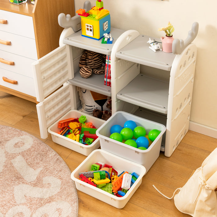 Antler Top Kids Toy Chest - Multipurpose Bookshelf with Enclosed Cabinets in Grey - Ideal Storage Solution for Children's Toys and Books