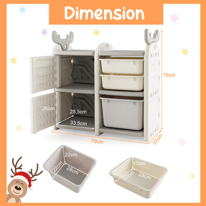 Antler Top Kids Toy Chest - Multipurpose Bookshelf with Enclosed Cabinets in Grey - Ideal Storage Solution for Children's Toys and Books