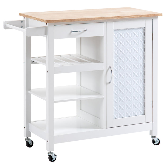 Utility Rolling Kitchen Island - Embossed Door Panel Cart with Storage Drawer and Wheels - Space-Saving Organizer for Kitchen Essentials