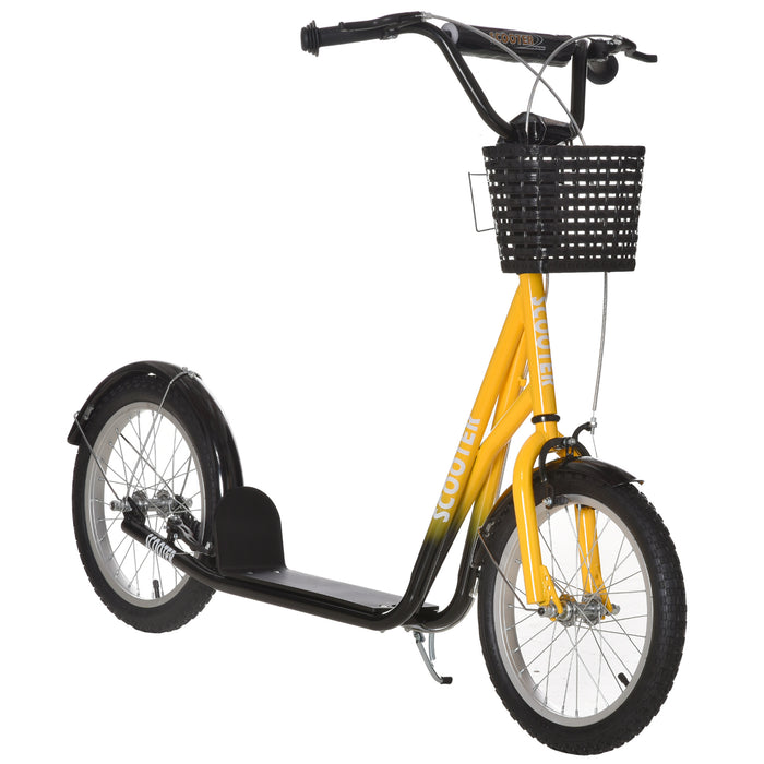 Teen Ride On Kids Kick Scooter - Adjustable Handlebar, 16" Rubber Tyres, Brakes, Basket, Cup Holder, Mudguard in Vibrant Orange - Perfect Outdoor Fun for Children and Adolescents