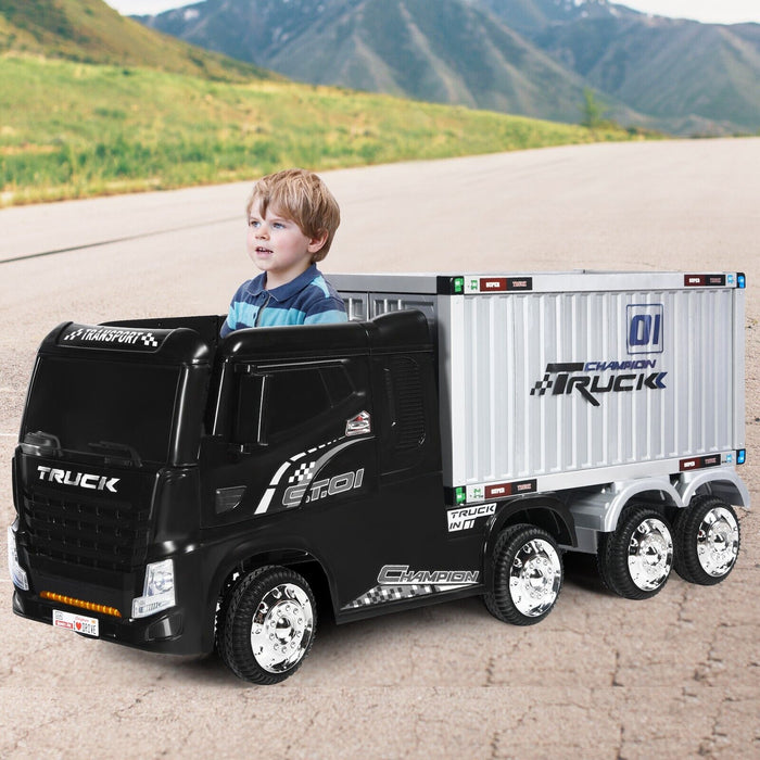 Kids Semi-Truck - 12V Black Ride-On Vehicle with Container, Suitable for Children Aged 3-8 - Adventure and Role Play Toy for Little Transporters