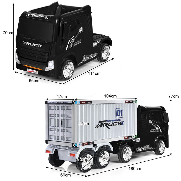 Kids Semi-Truck - 12V Black Ride-On Vehicle with Container, Suitable for Children Aged 3-8 - Adventure and Role Play Toy for Little Transporters