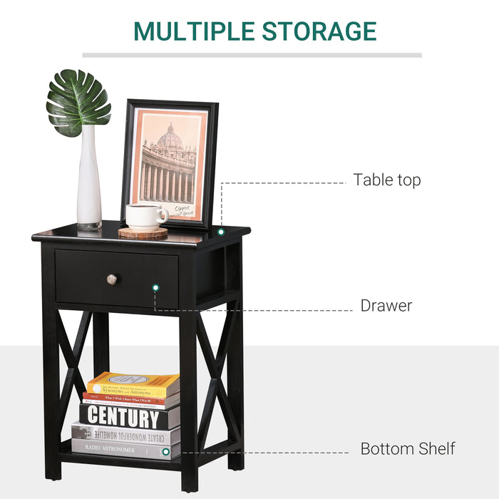 Vintage-Style End Table with Storage - Single Drawer & X-Bar Shelf for Organization - Ideal for Living Rooms and Bedrooms, 40x30x55 cm - Classic Black Finish