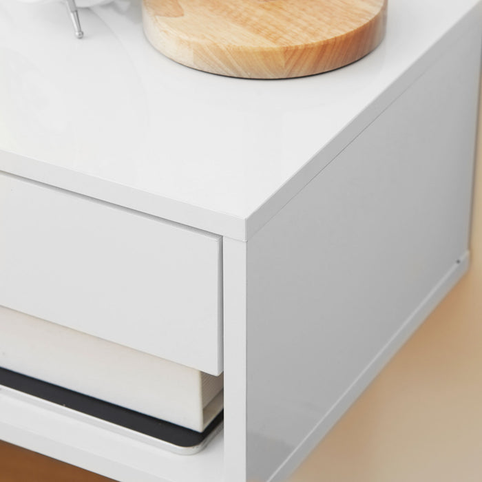 Wall-Mounted High Gloss White Nightstand Set with Drawer & Shelf - Contemporary 2-Piece Bedside Table for Bedrooms - Space-Saving Furniture for Home Organization & Decor