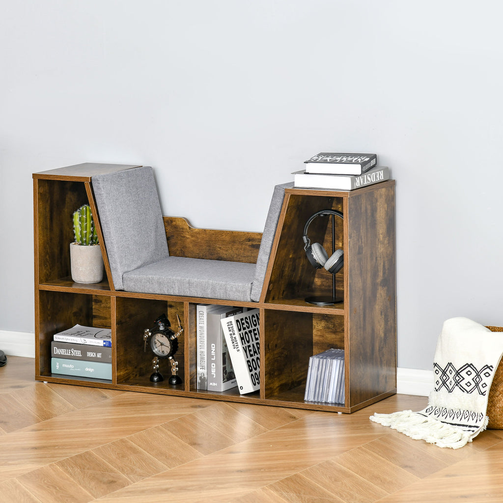Storage Seat Bookcase - Cushioned Shelf Sideboard for Kids' Reading Nook - Rustic Brown Organizer for Bedroom and Living Room