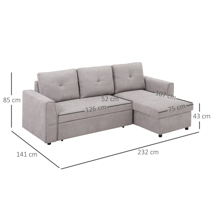 Linen-Look Reversible L-Shaped Sofa Bed - Sleeper Sectional with Storage, Futon Design for Flat Studio - Ideal Space-Saving Furniture in Grey